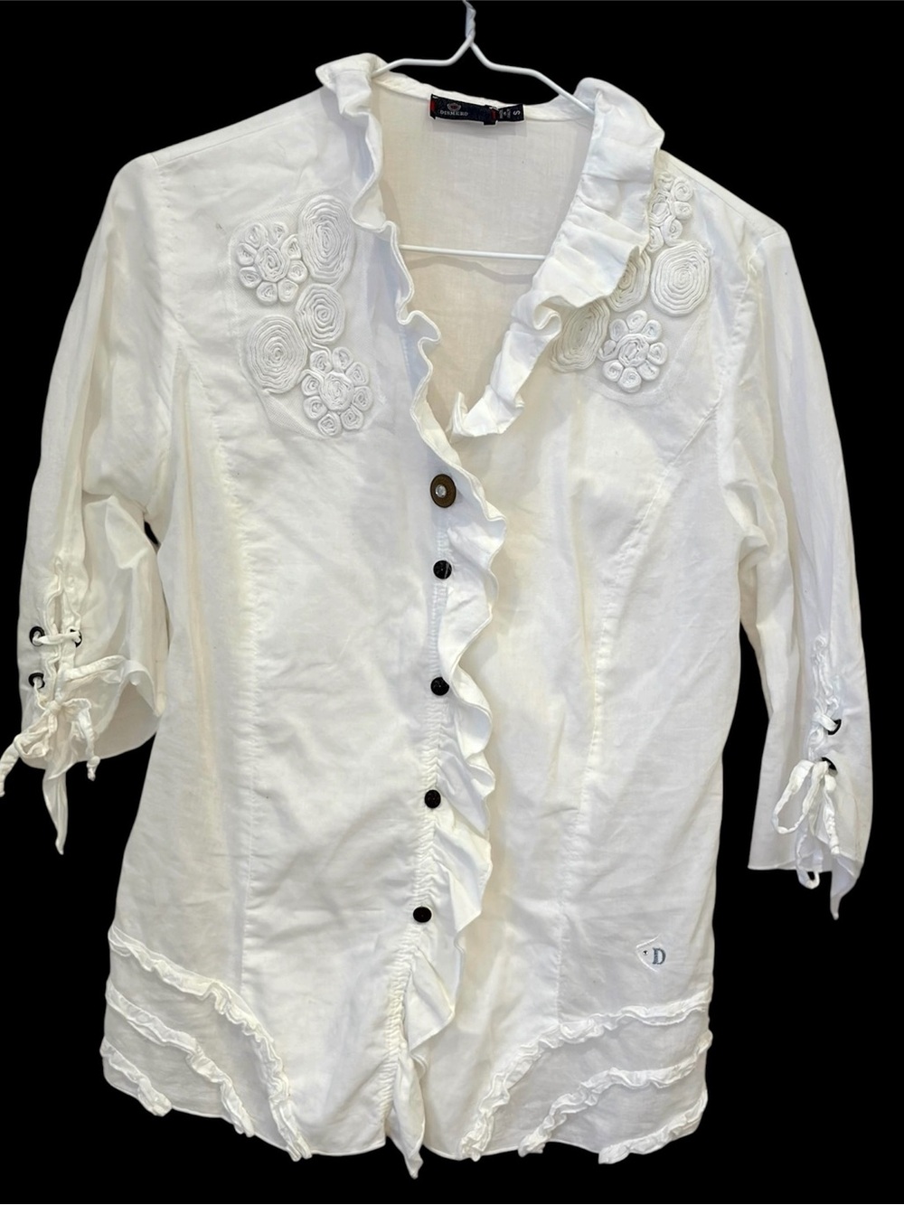 Italian import Dismero White Ruffled Button-Up Blouse with 3-D Floral Appliqué